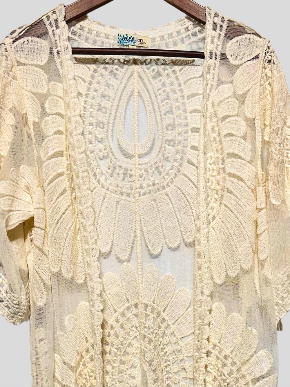 Rebellion Again Ivory Cream Lace Mesh Kimono Duster Boho Festival Cover Up L - Picture 2 of 5